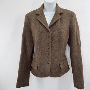 Ralph Lauren Chaps Blazer Jacket Brown Herringbone Sz M Equestrian Wool Blend